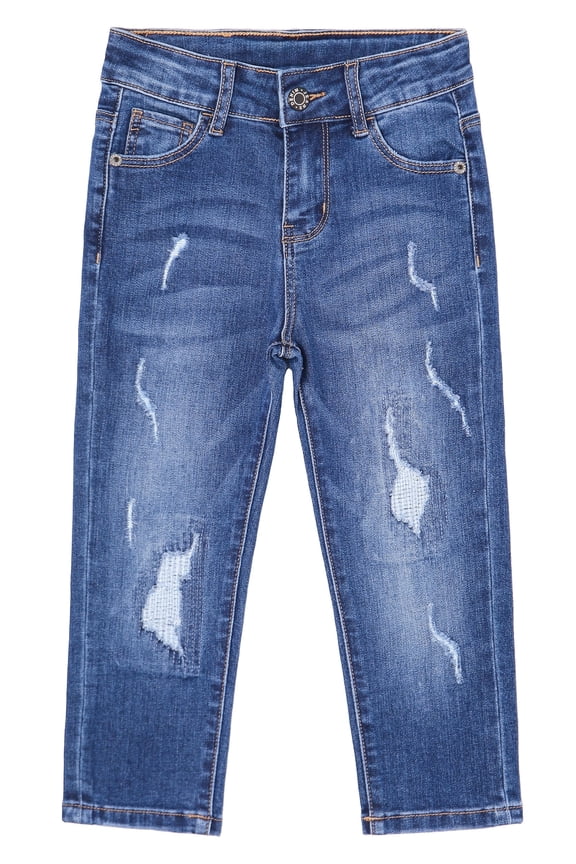 Kids Ripped Fashion Elastic Band Inside Soft Slim Jeans,Deep Blue,11-12 Years