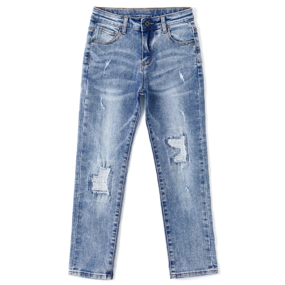 Kidscool Space Kids Ripped Fashion Elastic Band Inside Soft Slim Jeans,Light Blue,13-14 Years