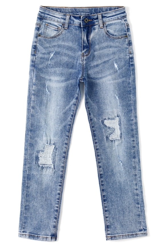 Kids Ripped Fashion Elastic Band Inside Soft Slim Jeans,Light Blue,6-7 Years