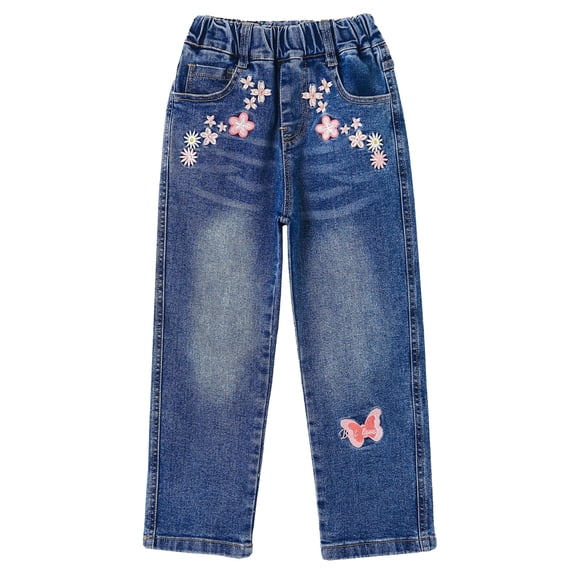 KIDSCOOL Girls Embroidered Jeans,4-15T Ribbed Elastic Waist Denim Pants, Blue,8-9 Years