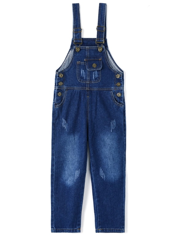 Snap Leg/Crotch Mettal Buttons Reipped Denim Overalls,Blue,4-5 Years
