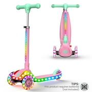 Kidscoter 3 Wheel with LED Lights,Adjustable Height Foldable Scooter for Boys Girls Ages 3-12,Light-Up Handlebars & Deck,130lbs Weight Limit, Gift for Toddlers,Pink