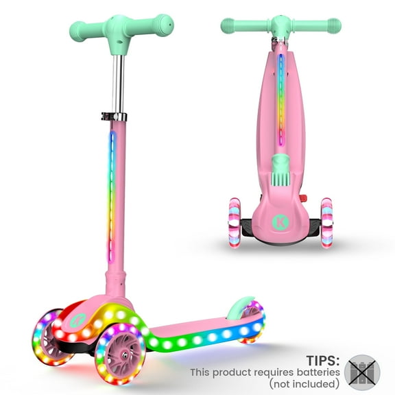 Kidscoter 3 Wheel with LED Lights,Adjustable Height Foldable Scooter for Boys Girls Ages 3-12,Light-Up Handlebars & Deck,130lbs Weight Limit, Gift for Toddlers,Pink