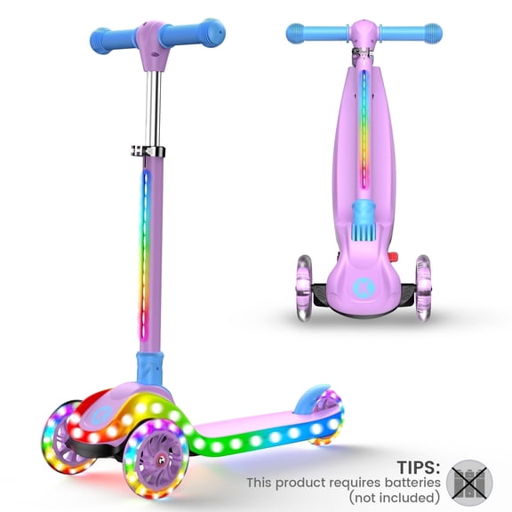 Kids 3 Wheel with LED Lights, Adjustable Height Foldable Scooter for Boys Girls Ages 3-12, Light-Up Handlebars & Deck, 130lbs Weight Limit, Gift for Toddlers,Purple