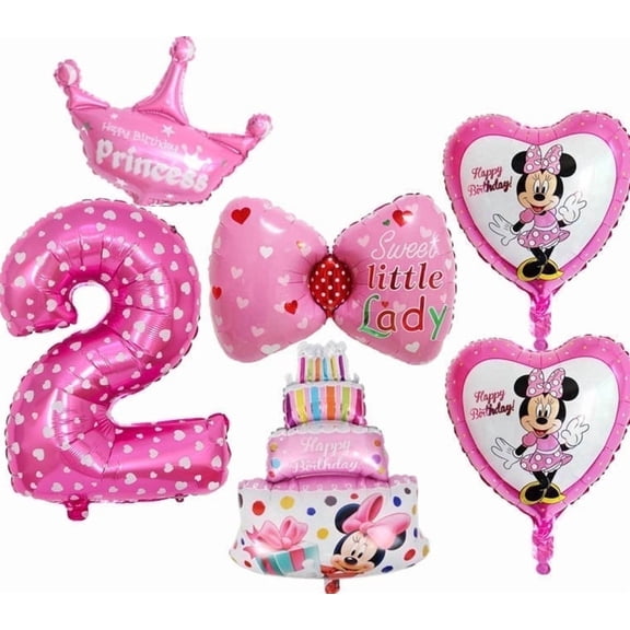 BCD-PRO 2nd Birthday Girls Pink Foil Balloons Mickey Mouse Minnie Mouse Themed, 6 Count, 33in