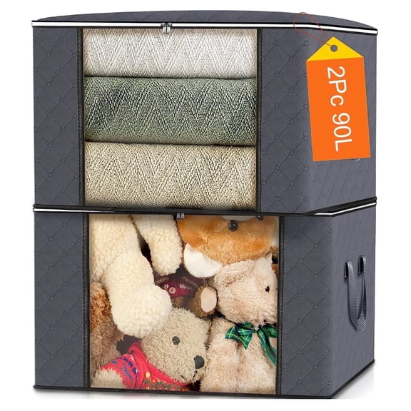 SPORTS JOY 2 Pack 90L Clothes Blanket Storage Bags,Storage Bags Containers with Clear Window,Large Capacity Foldable Nonwoven Closet Organizers for Comforters and Bedding,23.6x15.7x13.7in(Gray)