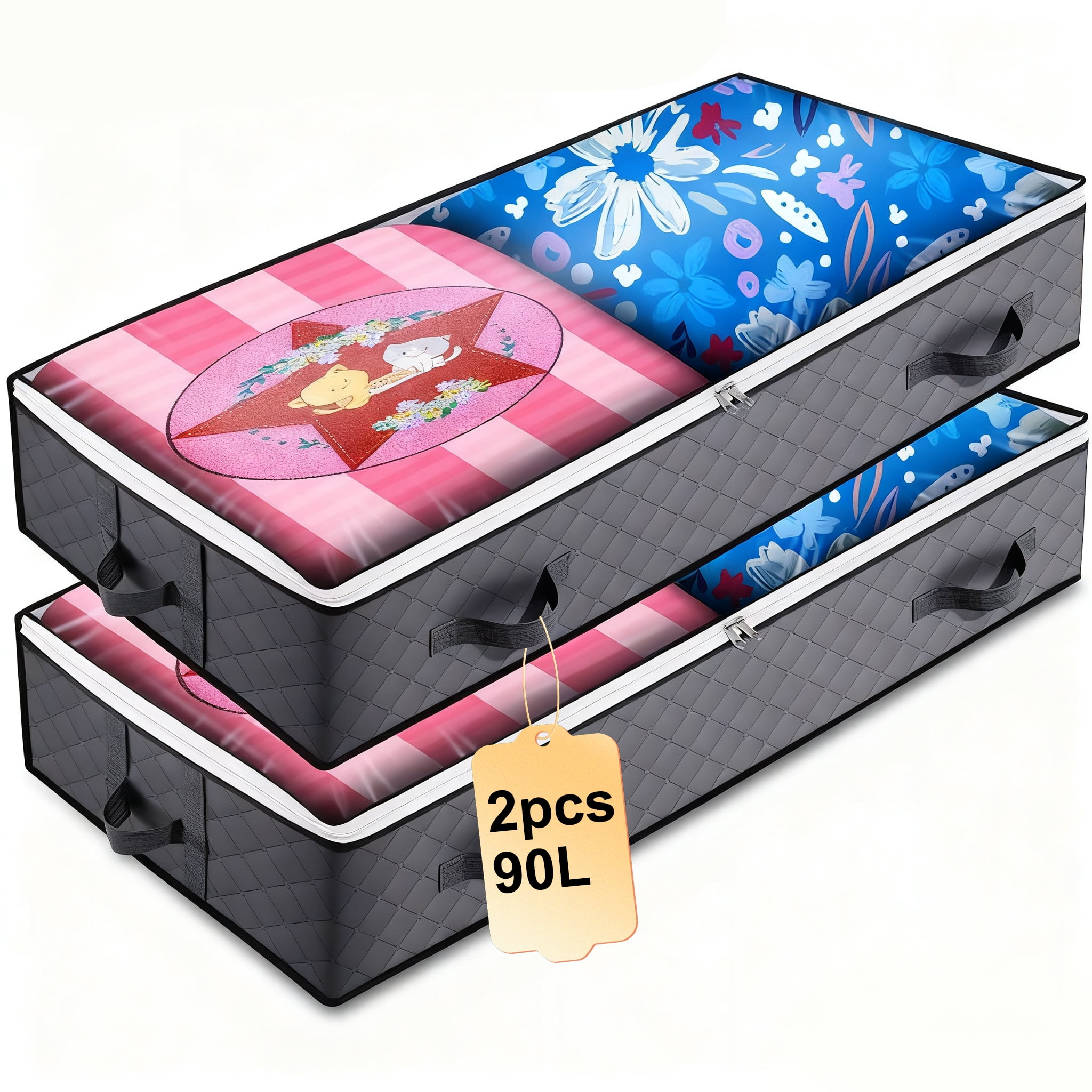 SPORTS JOY 2Pack 90L Under Bed Storage Bags with Reinforced Handles, Breathable, for Blankets, Comforter, Sweaters, Pillows, Sheets (Gray)