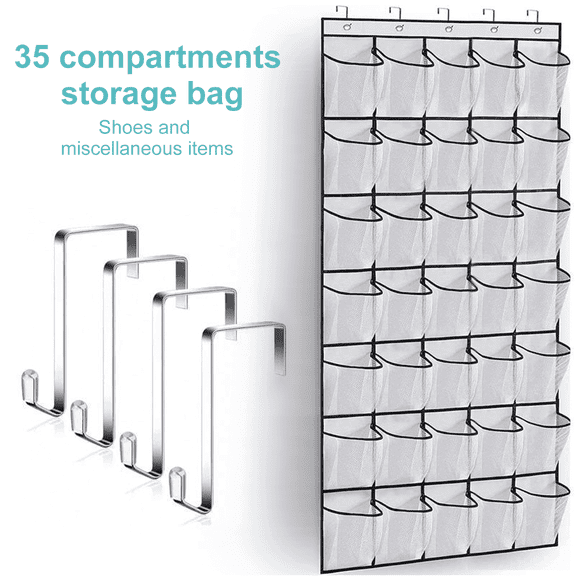 SPORTS JOY 35 Pockets Over the Door Shoe Organizer, Hanging Shoe Organizer for Door with 35 Mesh Pockets Large Capacity Shoe Hanging Storage Bag with 4 Metal Hooks (White)