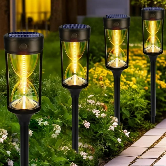 Kidsjoy 4 Pack Solar Pathway Lights Outdoor, Hourglass Design Solar Lights Waterproof, Auto On/Off Warm LED Garden Lights for Walkway, Yard, Patio, Lawn Decor