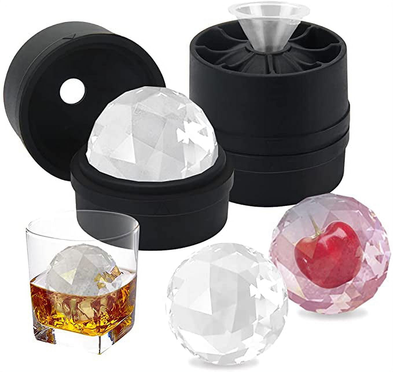 Deiss Pro Whiskey Ice Ball Maker Mold & Plastic Funnel — 6 Large 2.5 inch Ice Spheres in Round Ice Cube Mold — Clear Ice Ball Maker with Lid for