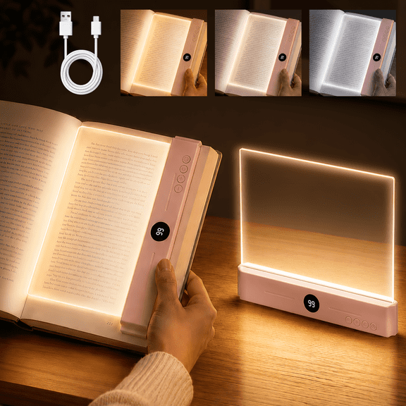 Kidsjoy Rechargeable LED Book Light, Flat Reading Panel with 3 Color Modes, Stepless Dimming, Timer, 1200mAh Battery, Pink