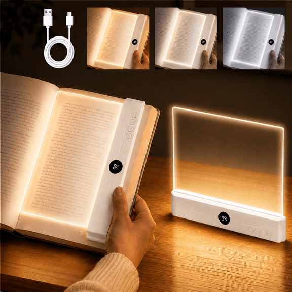 Kidsjoy Rechargeable LED Book Light, Clear Flat Reading Light with 3 Color Modes & Timer, Dimmable Panel Plate Lamp for Reading in Bed at Night, Eye-Caring Portable Bookmark Light for Readers(White)