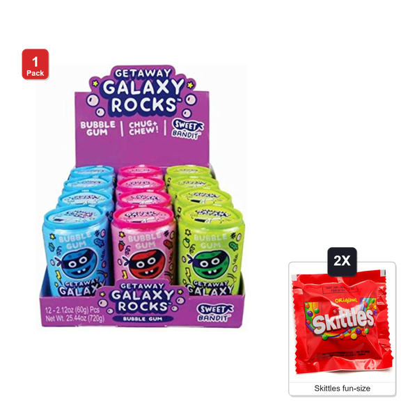 Kidsmania Getaway Galaxy Rocks Bubble Gum Candy Cans, 12 Count Box, with 2 Skittles Fun Size