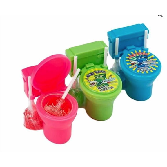 Kidsmania Sour Flush Powder Candy Toilet-Shaped Containers with Lollipop Dipper Tangy Green Apple Strawberry Blue Raspberry Flavors 3-Pack