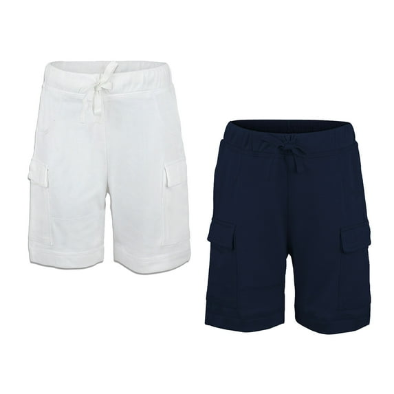 Kidsy Boys Casual Beach Cargo Shorts – Soft Cotton, Pull-On/Drawstring Closure, Two Pockets, 2pc - White/Midnight, 2
