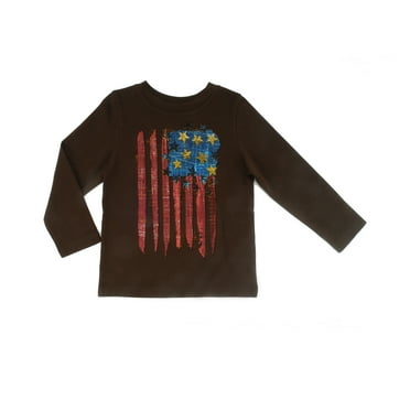 Kidsy Boys Flag Art Graphic Printed Peruvian Cotton T-shirt – Long Sleeve, Crewneck – Chocolate, 2