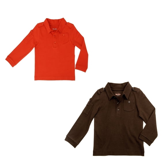 Kidsy Boys Solid Cargo Polo Peruvian Cotton T-Shirt – Long Sleeve, Polo Neck With 3 Buttons – 2 Pack Auburn/Chocolate, 6