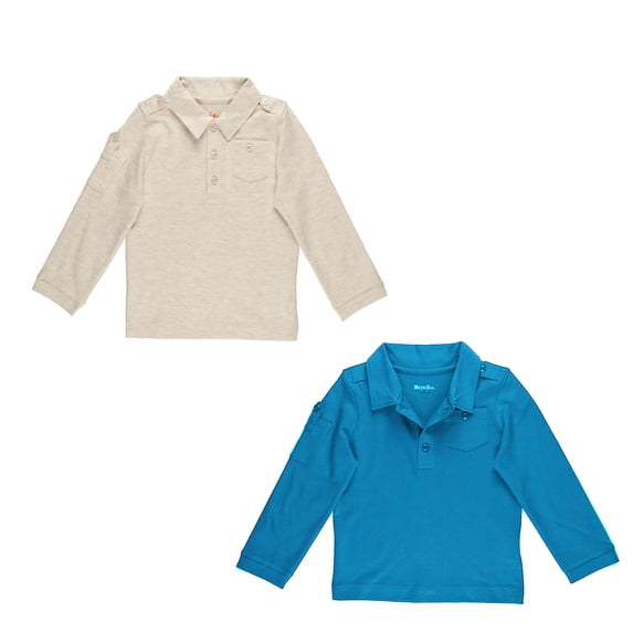 Kidsy Boys Solid Cargo Polo Peruvian Cotton T-Shirt – Long Sleeve, Polo Neck With 3 Buttons – 2 Pack Williamsburg Blue/Oatmeal Heather, 2