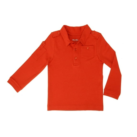 Kidsy Boys Solid Cargo Polo Peruvian Cotton T-Shirt – Long Sleeve, Polo Neck With 3 Buttons – Auburn, 5T