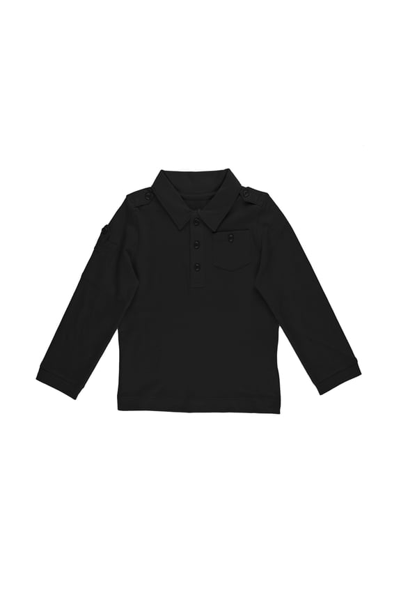 Boys Solid Cargo Polo Peruvian Cotton T-Shirt – Long Sleeve, Polo Neck With 3 Buttons – Black, 2T