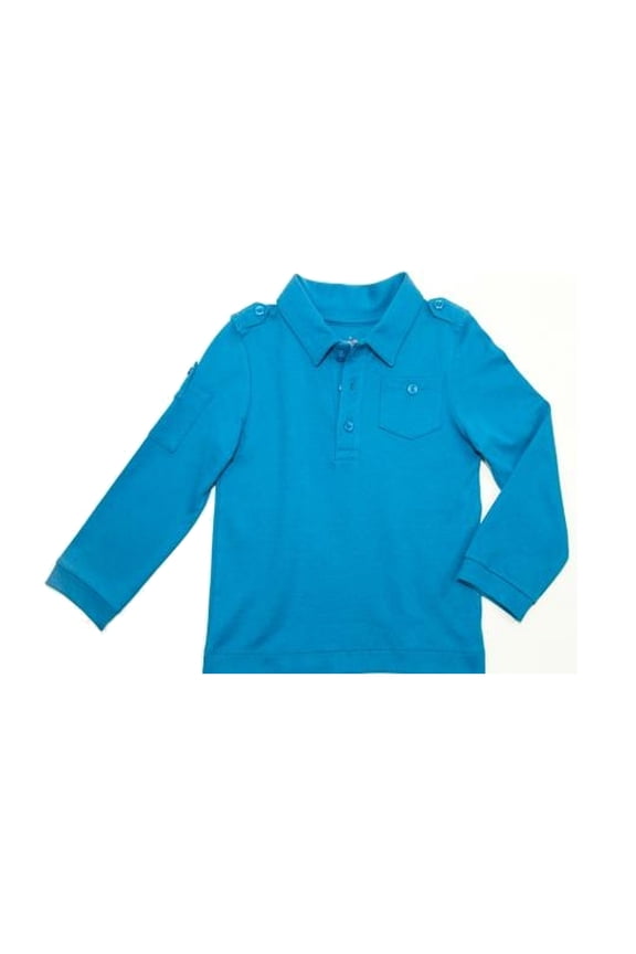 Boys Solid Cargo Polo Peruvian Cotton T-Shirt – Long Sleeve, Polo Neck With 3 Buttons – Williamsburg Blue, 2T