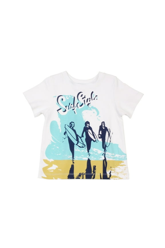 Boys Surf Style Graphic Printed Peruvian Cotton T-shirt – Short Sleeve, Crewneck – White, 4