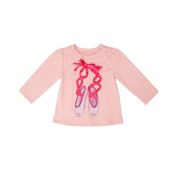 Kidsy Girls Ballerina Ribbon Peruvian Cotton T-Shirt – Puff-ish Long Sleeve, Crewneck With Buttons – Petal, 2