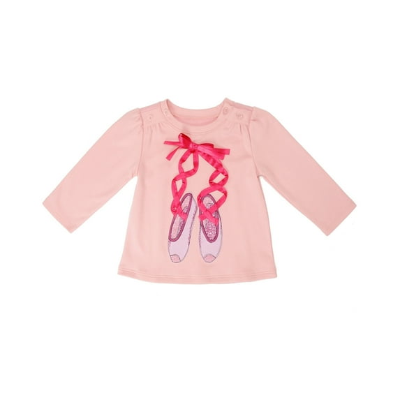 Kidsy Girls Ballerina Ribbon Peruvian Cotton T-Shirt – Puff-ish Long Sleeve, Crewneck With Buttons – Petal, 2