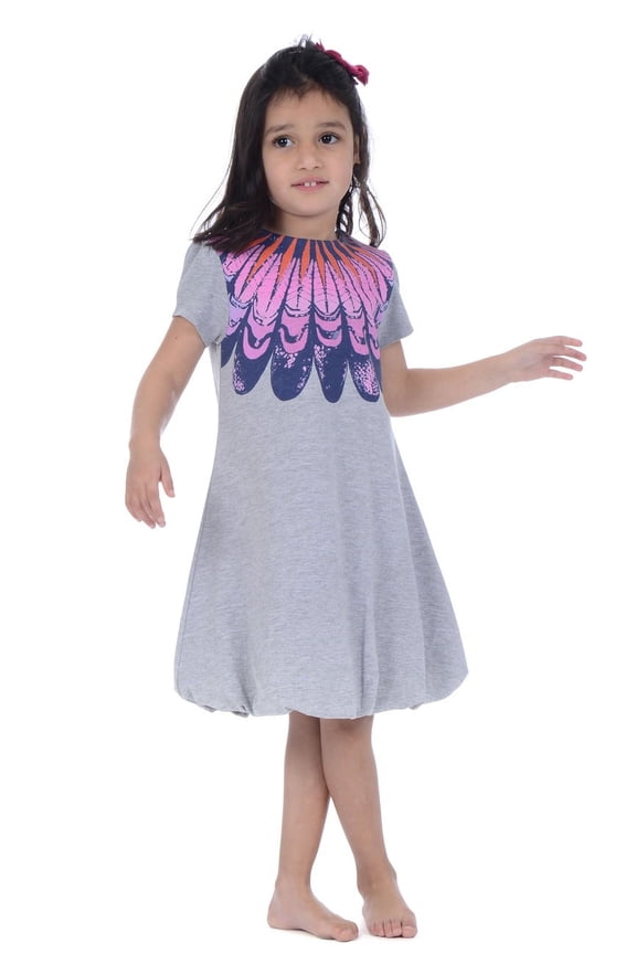 Girls Bubble Skirt Peruvian Cotton Dress – Crewneck, Short Sleeve, Heather Grey, 3