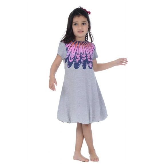 Kidsy Girls Bubble Skirt Peruvian Cotton Dress – Crewneck, Short Sleeve, Heather Grey, 8