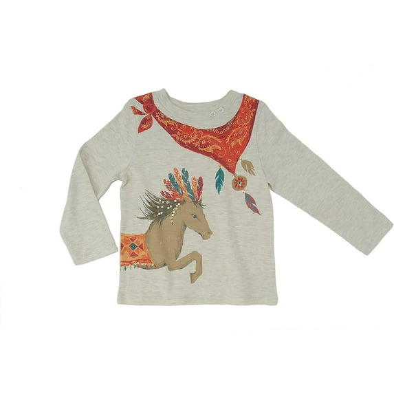 Kidsy Girls Cowgirl Pattern Peruvian Cotton Printed T-Shirt – Long Sleeve, Crewneck – Oatmeal Heather, 2