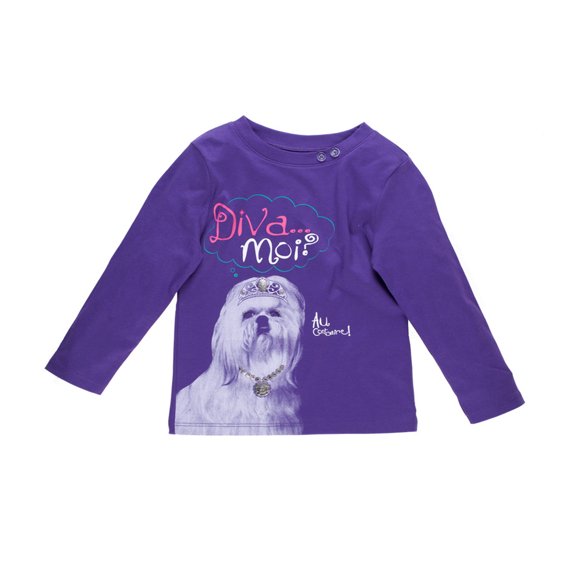 Kidsy Girls Diva Dog Pattern Peruvian Cotton Printed T-Shirt – Long Sleeve, Crewneck – Plum, 2