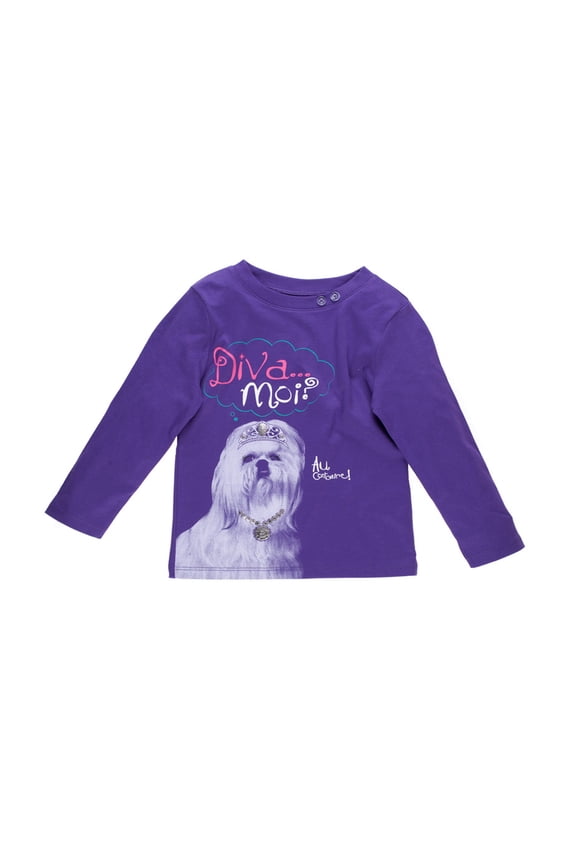 Girls Diva Dog Pattern Peruvian Cotton Printed T-Shirt – Long Sleeve, Crewneck – Plum, 6