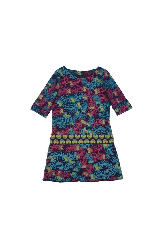 Girls Feathers Peruvian Cotton Dress – Crewneck, Short Sleeve, Heart Belt, DEEP PLUM, 5