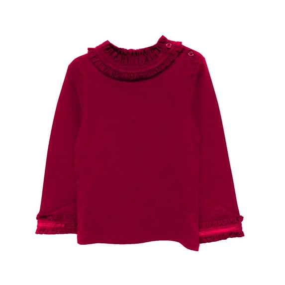 Kidsy Girls Frilled Neck And Cuffs Peruvian Cotton T-Shirt – Long Sleeve, Crewneck – Magenta, 2T