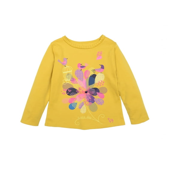 Kidsy Girls Pastel Colors Of Nature Graphic Printed Peruvian Cotton T-Shirt – Long Sleeve, Frill Crewneck – Marigold, 2
