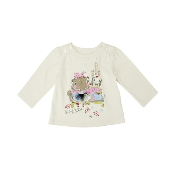 Kidsy Girls Sweet Animals Pattern Printed Peruvian Cotton T-Shirt – Puff-ish Long Sleeve, Crewneck With Buttons – Creme Brulle, 12-18 Months