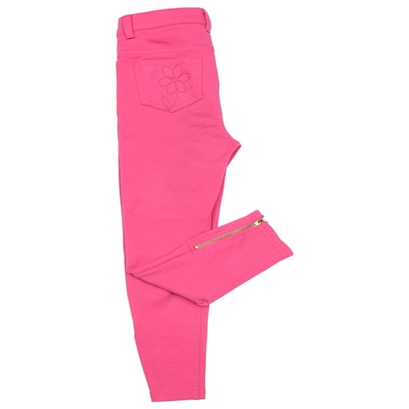 Kidsy Toddler Baby Girls Embroidery Flower Pants – Peruvian Pima Cotton, Zipper Ankle Cuffs, Bright Punch, 2