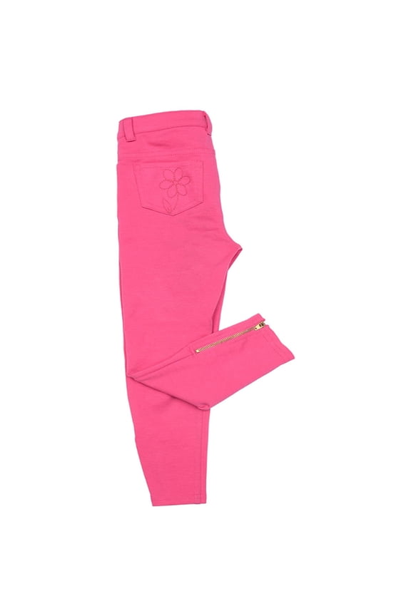 Toddler Baby Girls Embroidery Flower Pants – Peruvian Pima Cotton, Zipper Ankle Cuffs, Bright Punch, 3