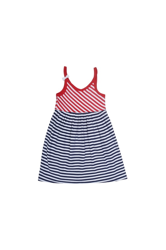 Toddler Baby Girls Nautical Striped Peruvian Cotton Dress – Strappy, Loose-Fit, Long Skirt, Whte/Crimson/Midnight, 3