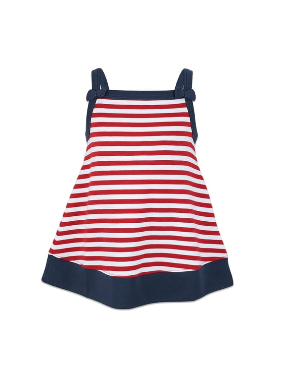 Toddler Baby Girls Nautical Striped Peruvian Cotton Tunic – Strappy, Loose-Fit – White/Crimson, 8