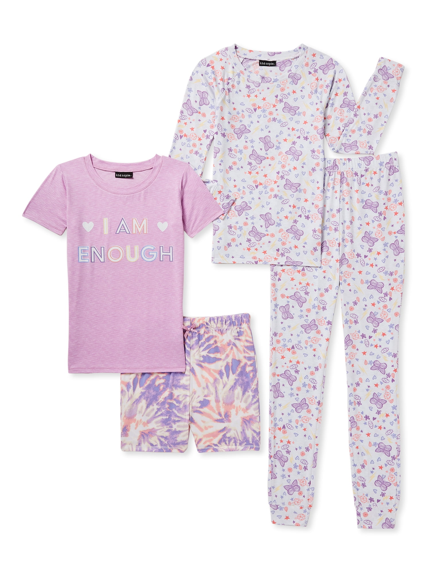 Kidtopia Girls 4 Piece Long Sleeve Top, Jogger Pants, Short Sleeve Top and Shorts, 4-Piece Sleep Set, Sizes 6X-14