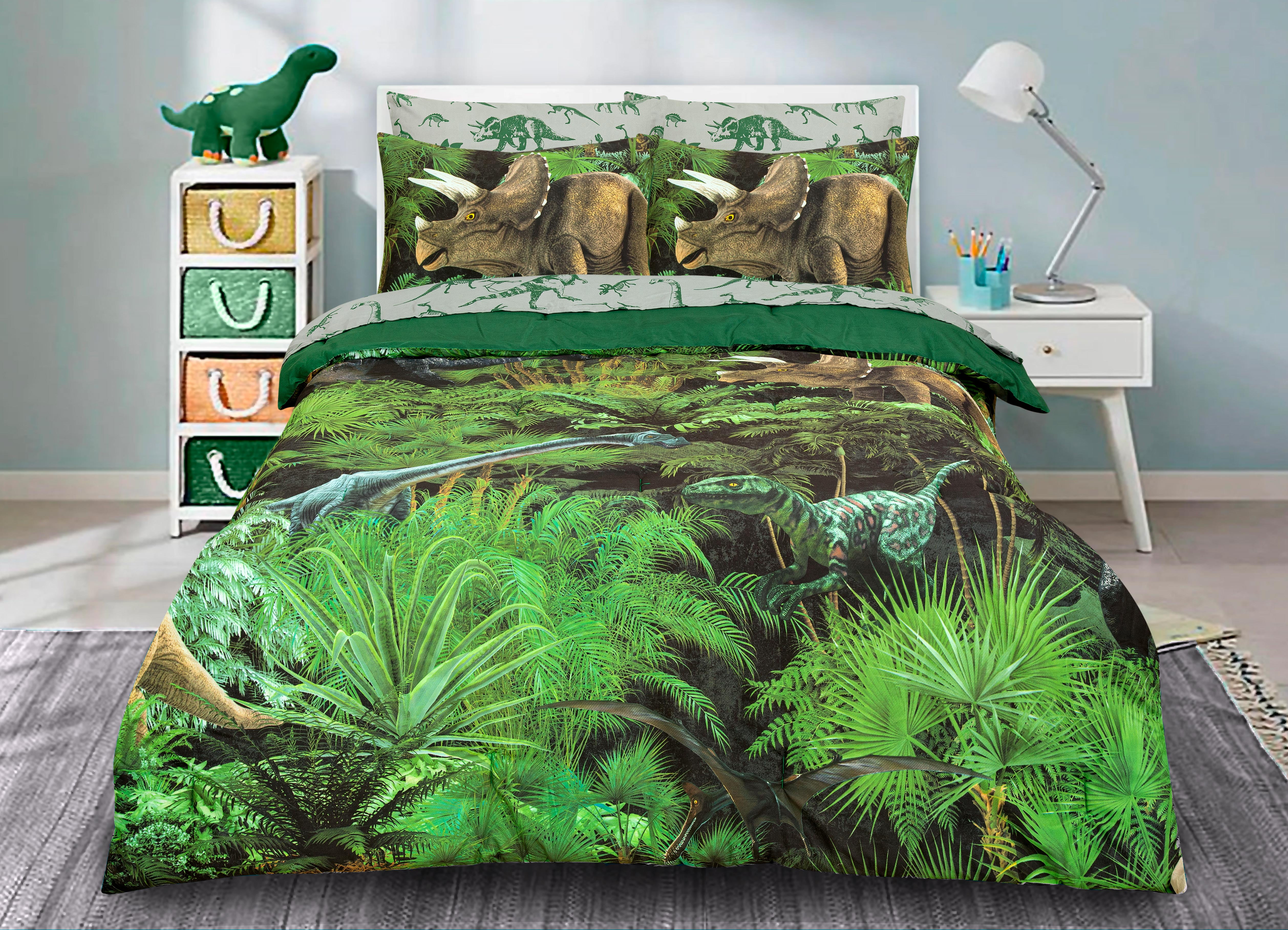 Twin Green Dinosaur Forest Microfiber Bed Set