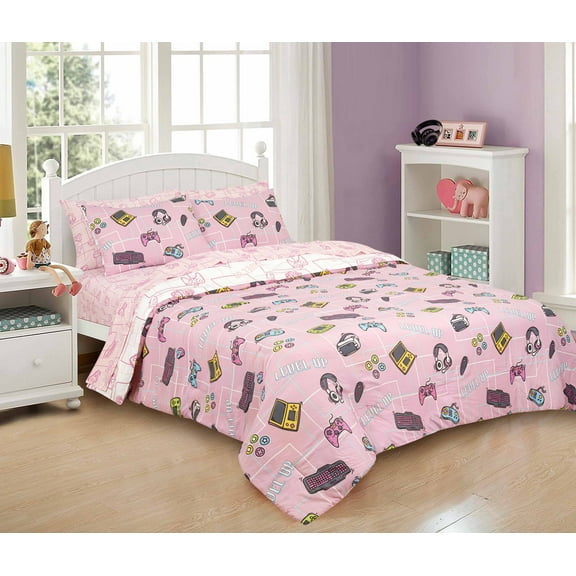 Kidz Mix Gamer Girl 5-Piece Bed in a Bag Twin Polyester, Pink and Purple Pattern