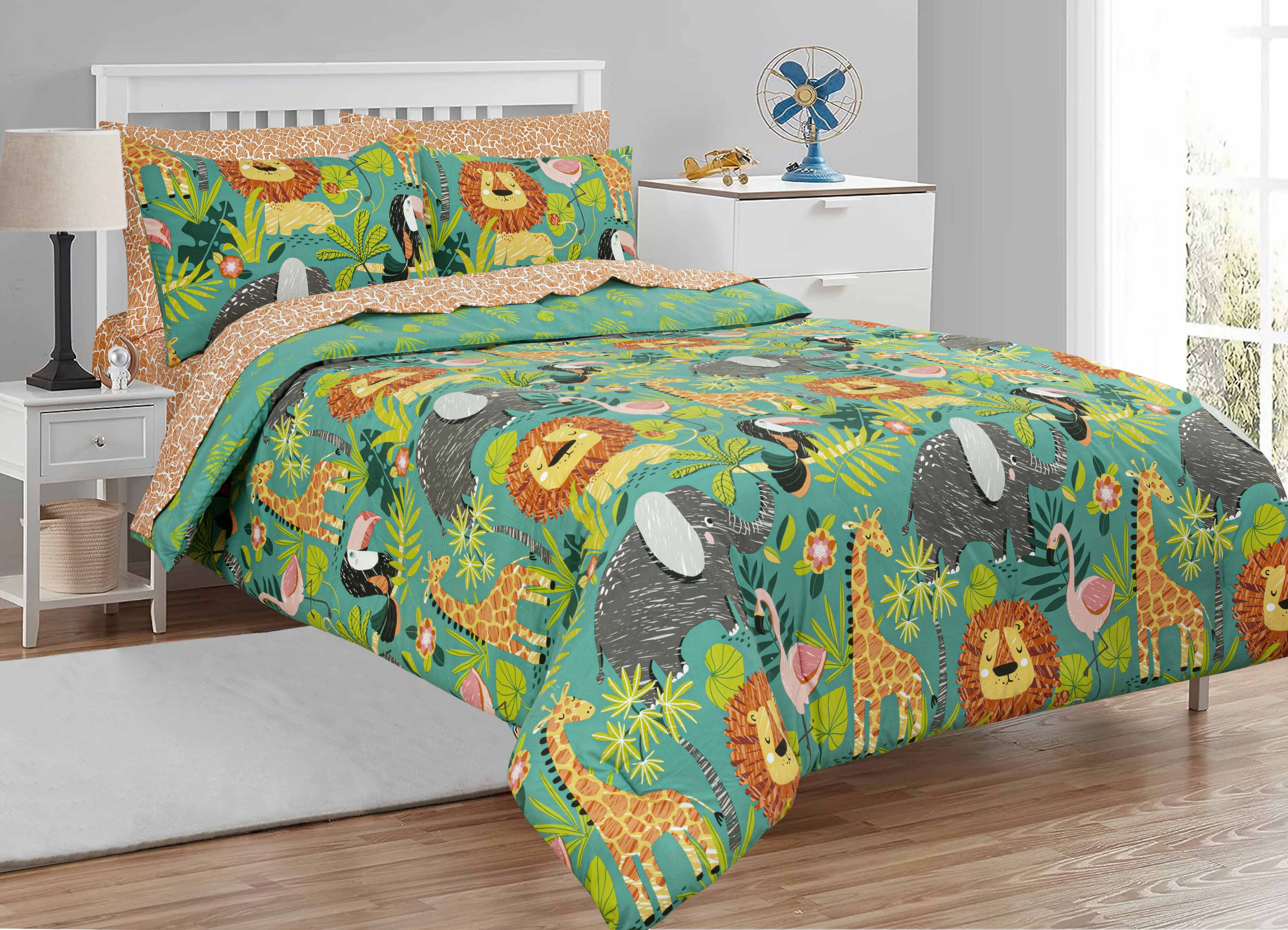 Jungle Safari Green and Orange Microfiber Twin Bed in a Bag Set