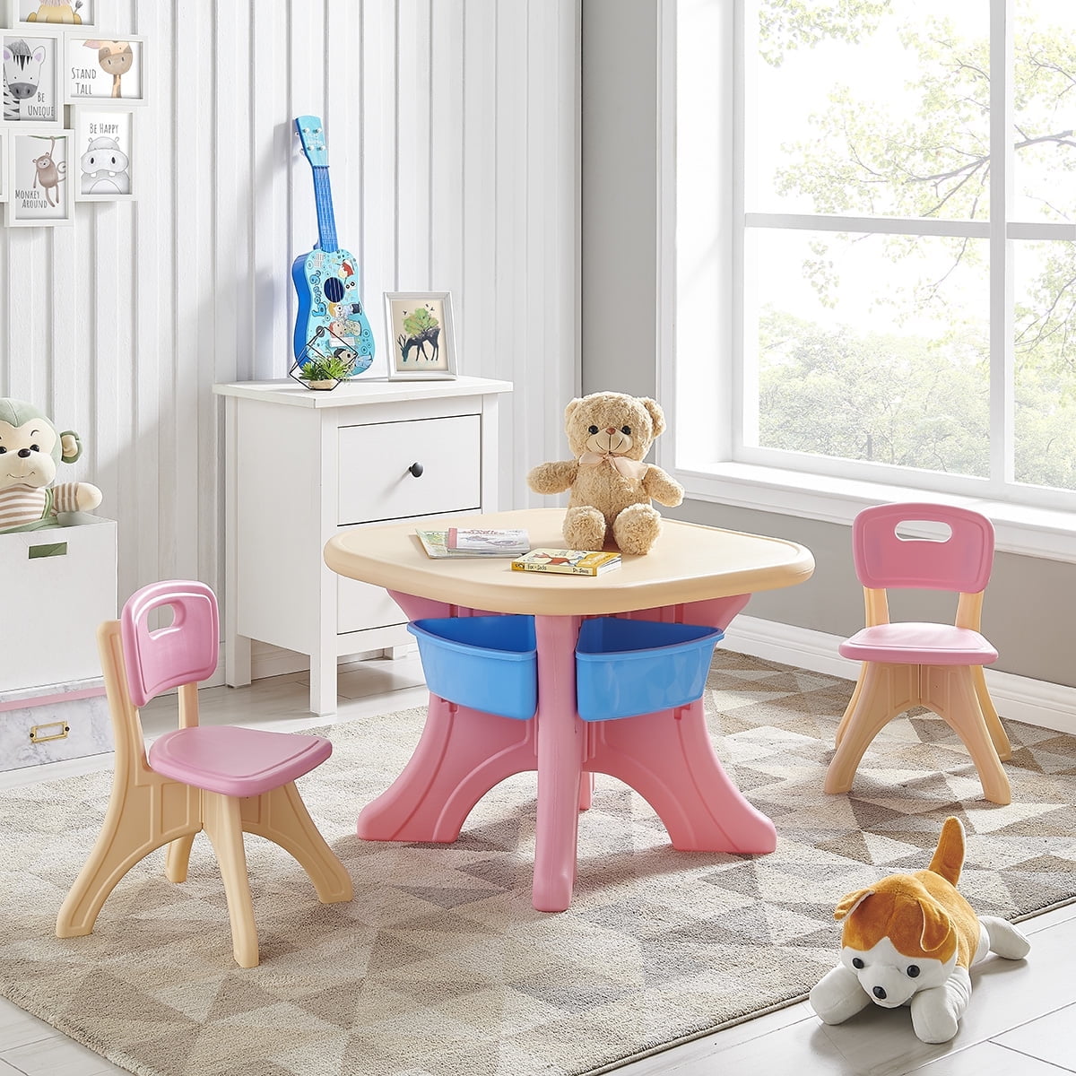 Kidzilla Kids Activity Table and 2 Chairs Set with Storage Bin, Pink Kid Table and Chair for Boy Girl