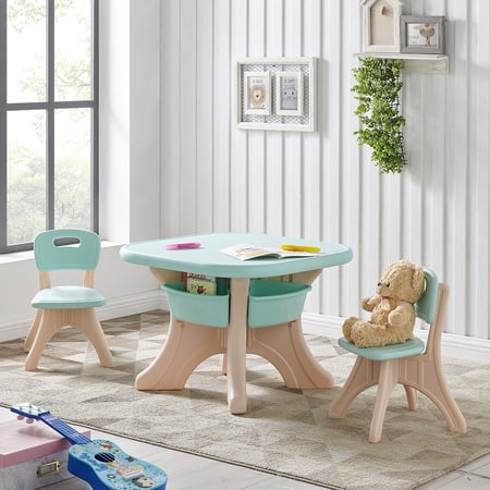 Kidzilla Kids Table and 2pc Chairs Set Children table and chairs Center Storage Bin for Boy Girl, Aqua/Beige