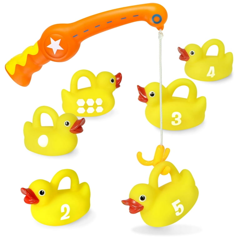 Kidzlane Bath Toys Fishing Game - 1 Toy Fishing Pole and 6 Rubber Duckies -  Teaches Numbers & Shapes - Great Learning Toy for Babies, Toddlers & Kids 