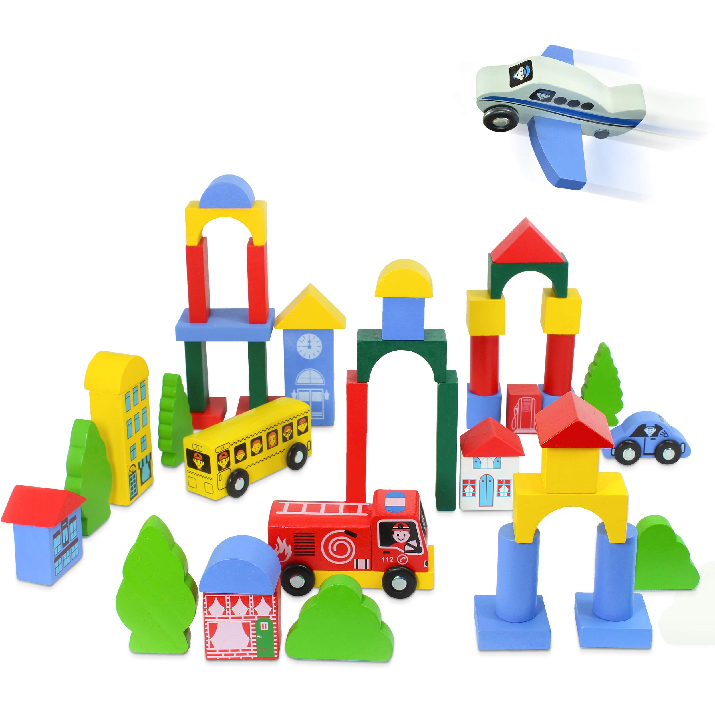 Kidzlane Wooden City Building Blocks - 50 Pc Wood Block Variety Set with  Vehicles, Houses & Trees in Storage Bucket - Brightly Painted, Safe &  Non-Toxic for Toddlers & Kids 