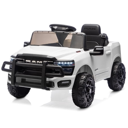 Kidzone 12V Licensed RAM 3500 Ride-On Truck for Kids, Battery Powered Electric Car w/Parent Remote Control & Manual Drive, Bluetooth, LED Lights - White